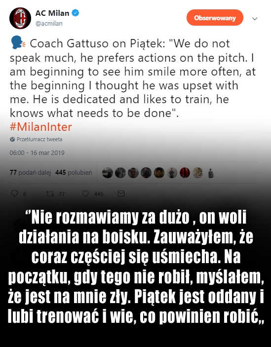 Gattuso ZASKAKUJĄCO o Piątku: ''myślałem, że ma ze mną jakiś problem''